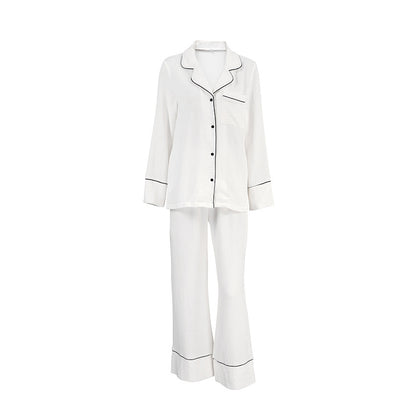 Women's Simple & Comfortable Two-Piece Cardigan Pajama Set – White Long Sleeve Top with Pockets Homewear