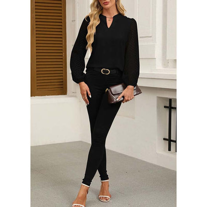 Women's Lace Long Sleeve Chiffon Blouse – V-Neck Dressy Casual Top for Business & Work