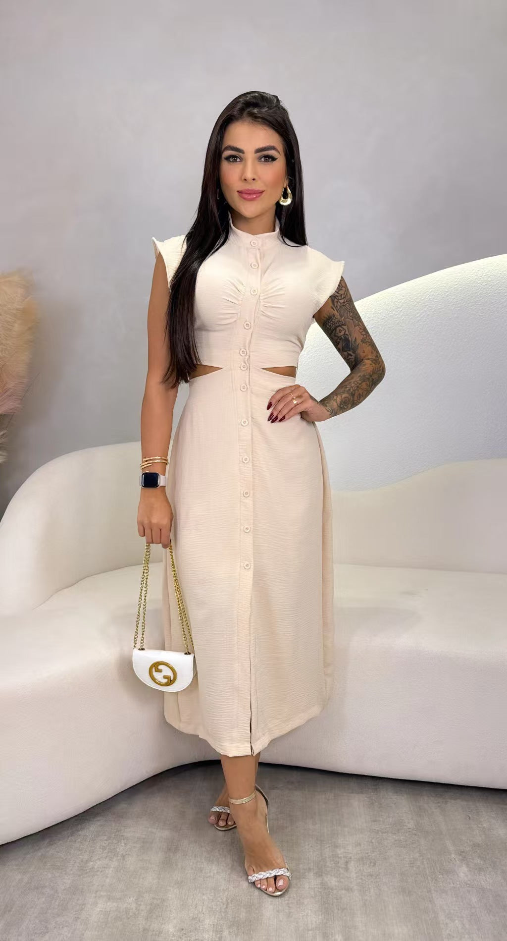 Women's Polyester Stand Collar Oversize Swing Skirt Dress