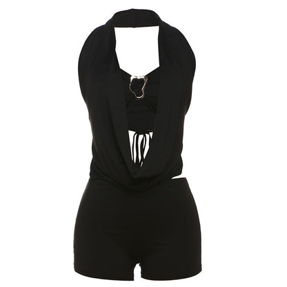 Women's Halter Neck Crop Top & Skinny Shorts Set – Summer 2-Piece Outfit
