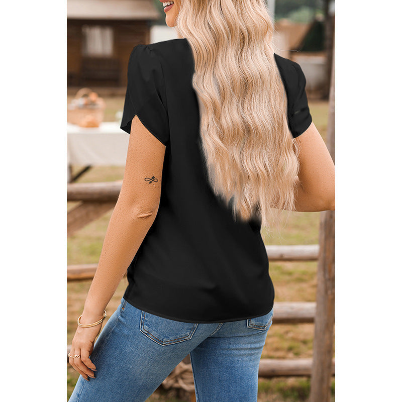 Women's Solid Color V-Neck Chiffon Blouse – Dressy Pullover Top