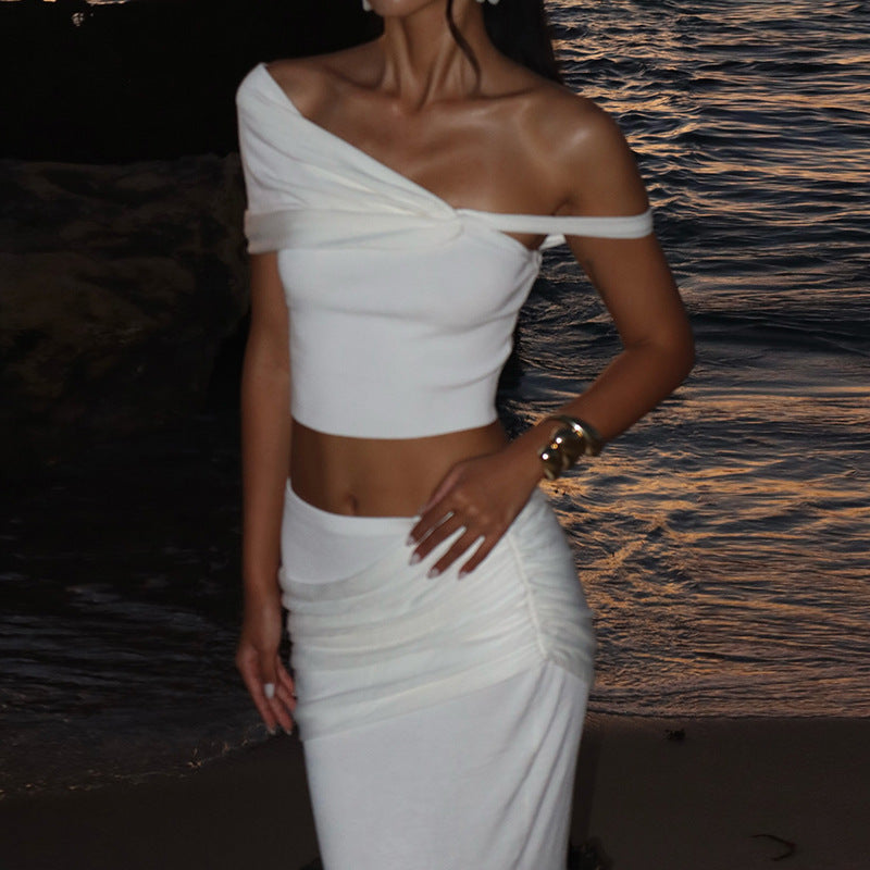 Women's Solid Color Slim-Fit One-Shoulder Long Dress Suit – Elegant Asymmetrical Evening Wear