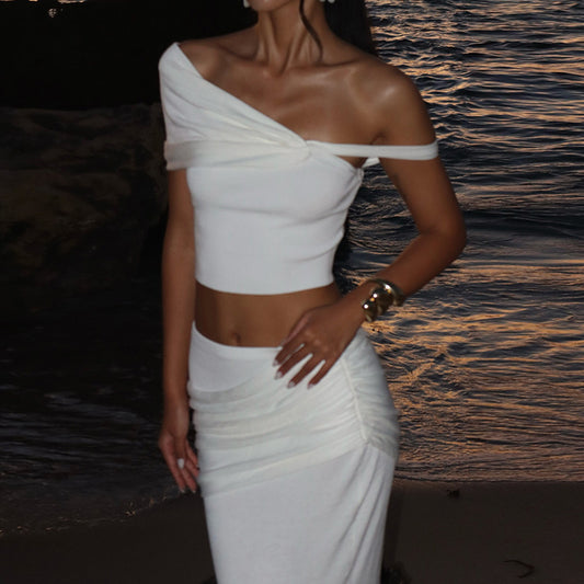 Women's Solid Color Slim-Fit One-Shoulder Long Dress Suit – Elegant Asymmetrical Evening Wear