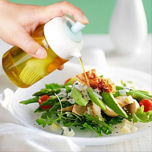 Plastic 2-in-1 Oil Dispenser with Built-in Silicone Brush – 250ml Oil Bottle for Cooking, Frying, Baking (Multicolor)