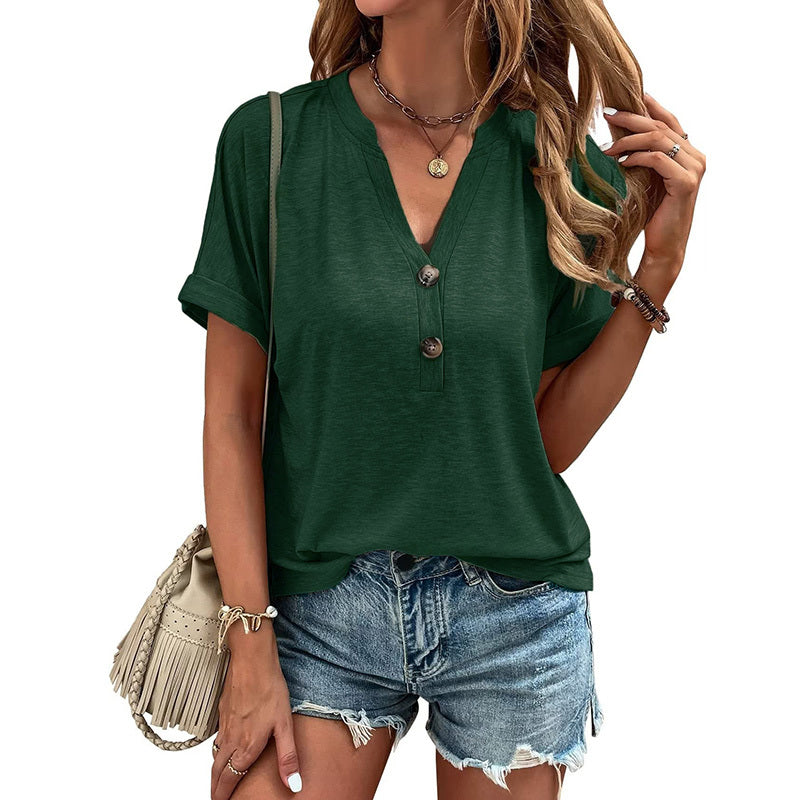 Women's Summer Short Sleeve Button-Down Shirt - V-Neck Business Casual Tunic Top