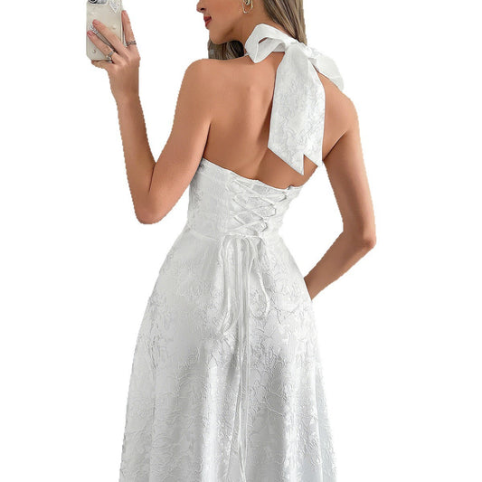 Women's Elegant Halter Evening Dress – Waist-Defined Formal Gown (European & American Style)