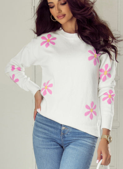 White Flower Pattern Ribbed Edge Elegant Sweater