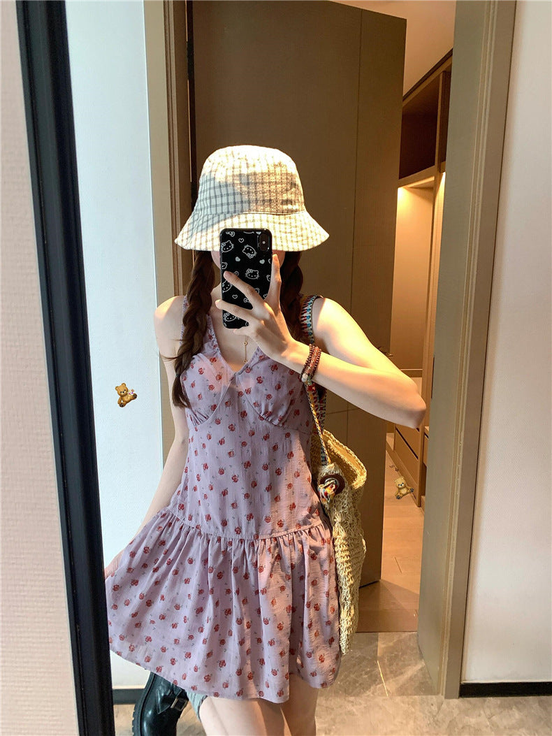 French Style V-neck Sling Dress Summer Waist-controlled Skirt