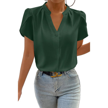 Women's Solid Color V-Neck Chiffon Blouse – Dressy Pullover Top