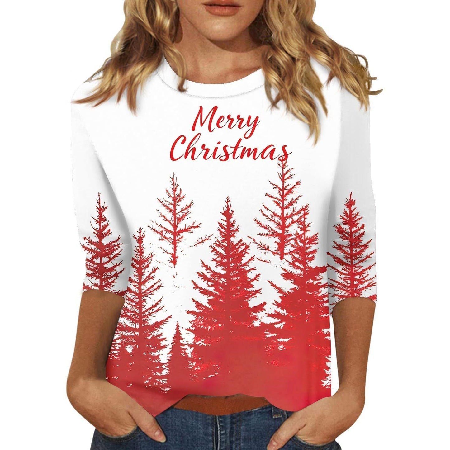 Women's Christmas T-Shirt – Festive 3/4 Sleeve Round Neck Holiday Top