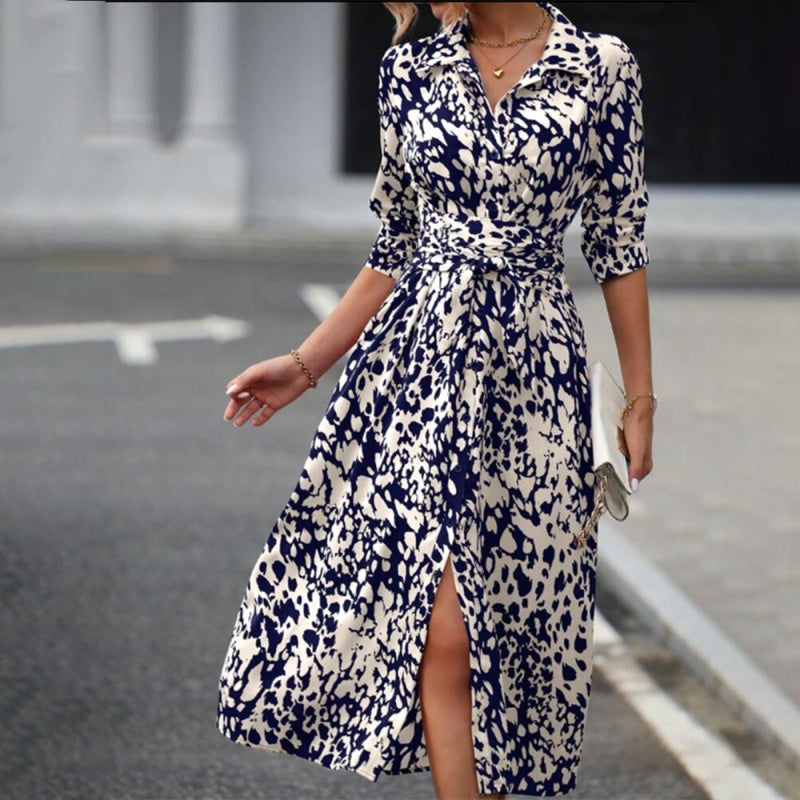 Women's Leopard Print Belted Dress - V-Neck Button Detail Slit Maxi Dress for Spring/Fall