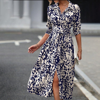 Women's Leopard Print Belted Dress - V-Neck Button Detail Slit Maxi Dress for Spring/Fall