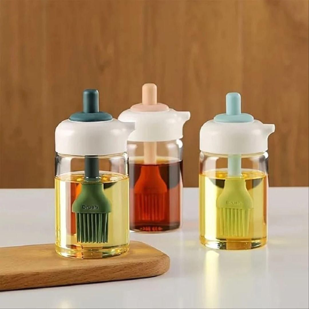 Plastic 2-in-1 Oil Dispenser with Built-in Silicone Brush – 250ml Oil Bottle for Cooking, Frying, Baking (Multicolor)