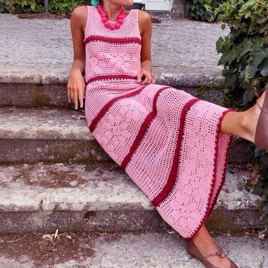 Knitted Sweater Contrast Color Vest Hollow Dress