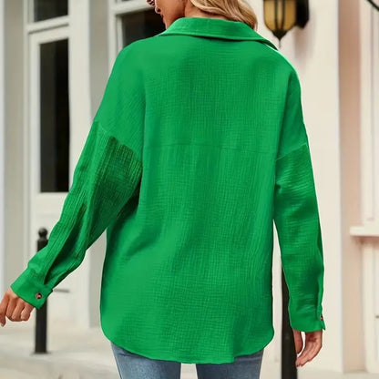 Women's Solid V-Neck Long Sleeve Blouse – Textured Button-Up Casual Shirt for Spring & Fall