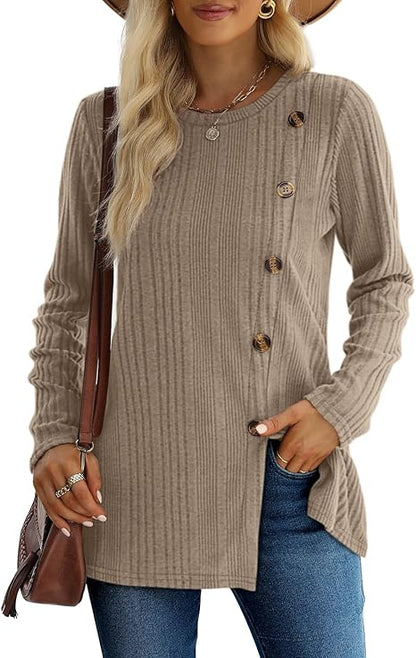 Women's Solid Color Ribbed Round Neck Brushed Knit Top – Long Sleeve Casual Pullover