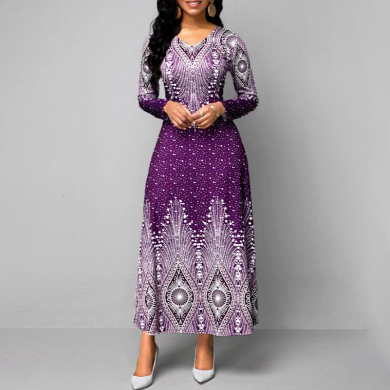 Women's Plus Size Elegant V-Neck Long Sleeve A-Line Dress With Starry Sky Print, Slim-Fit Flowy Maxi Dress For Holiday & Party Wear
