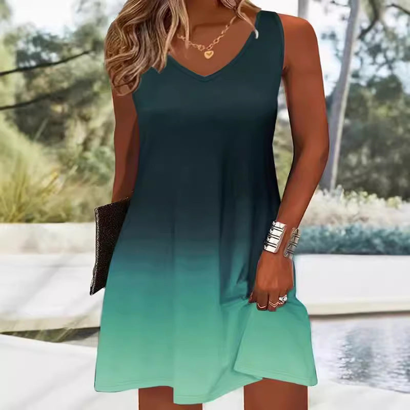 Women's Sleeveless Gradient Color Strap Dress – V-Neck Printed Casual Summer Dress