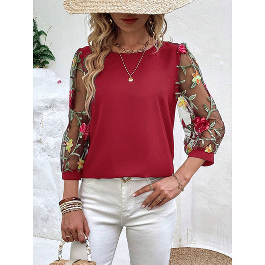 Women’s Floral Embroidered Mesh Puff Sleeve Crew Neck Tee Top
