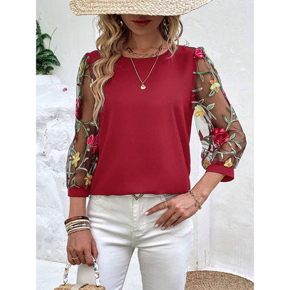 Women’s Floral Embroidered Mesh Puff Sleeve Crew Neck Tee Top