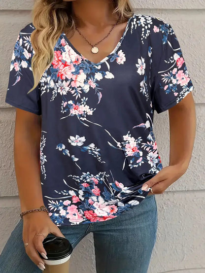 Women's V-Neck Short Sleeve T-Shirt – Comfortable Fashion Tee with Animal & Plant Print