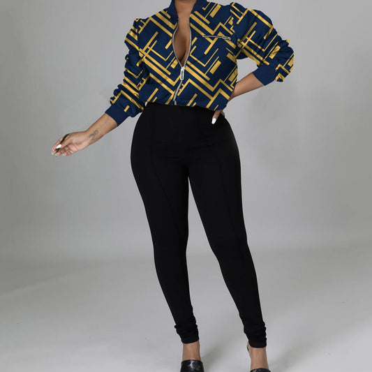 Women's V-Neck Zipper Digital Print Tracksuit – Trendy Long Sleeve Sweatshirt Jacket & Pants Set