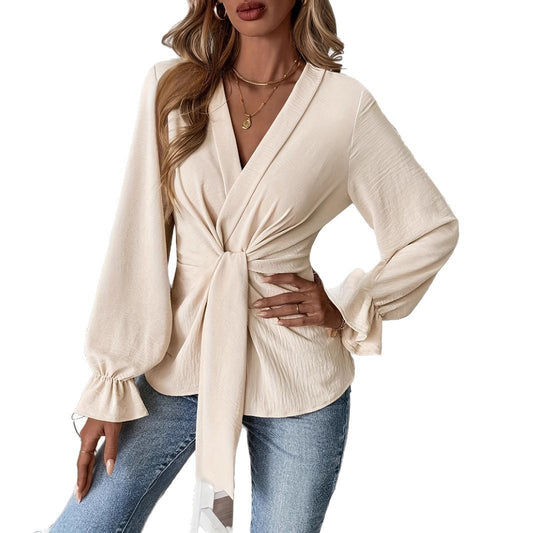 Women's Solid Color V-Neck Long Sleeve Shirt – Elegant Casual Blouse for Office & Daily Wear