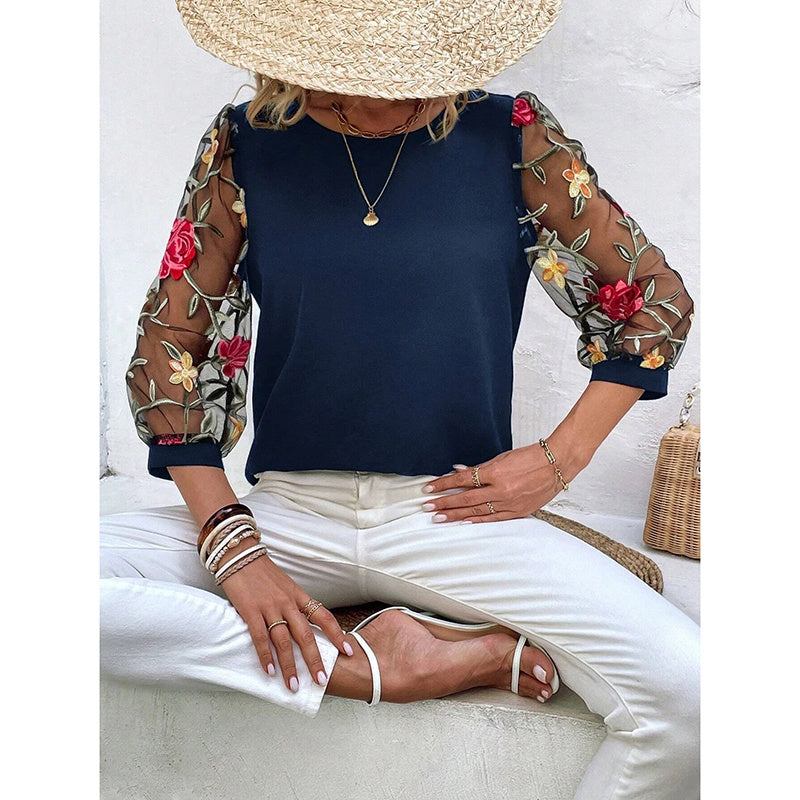 Women’s Floral Embroidered Mesh Puff Sleeve Crew Neck Tee Top