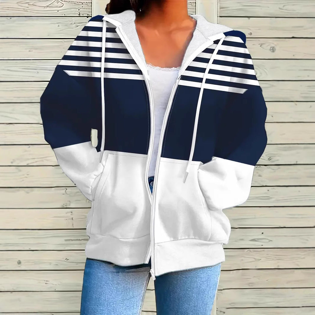 Women's Striped Floral Print Loose Long Sleeve Top with Pockets – Casual Tunic Shirt