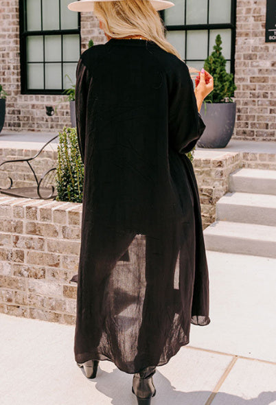 Black  Sleeve Button Up Long Kimono