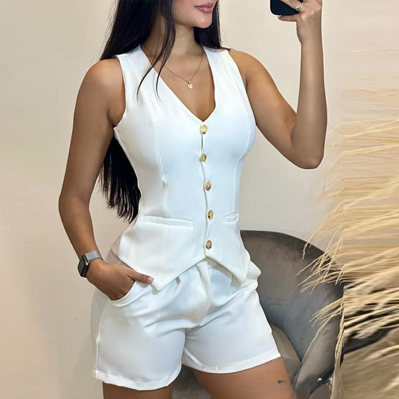 White Sleeveless Slim Fit Vest Shorts Suit