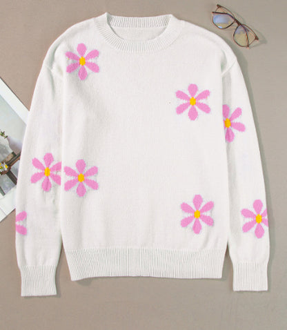 White Flower Pattern Ribbed Edge Elegant Sweater