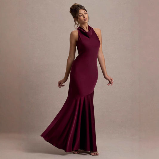 Women's French Style Fishtail Dress - Elegant Banquet Gown with Shoulder Detail