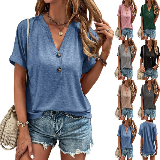 Women's Summer Short Sleeve Button-Down Shirt - V-Neck Business Casual Tunic Top