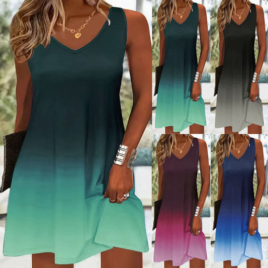 Women's Sleeveless Gradient Color Strap Dress – V-Neck Printed Casual Summer Dress