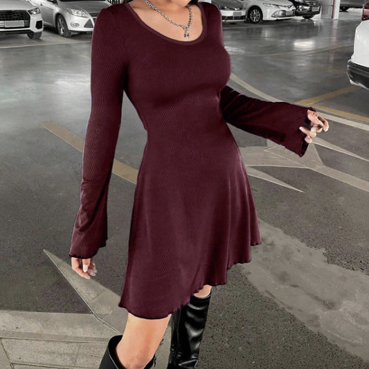 Women's Autumn & Winter Slim Fit Dress with Stylish Black Fungus Cuffs – Trendy Solid Color Bag-Hip Design