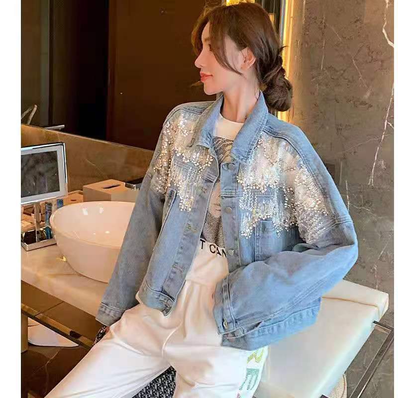 Women's Loose Denim Jacket with Beaded Diamond Splice – Stylish Grenadine Mesh Patchwork Jean Coat