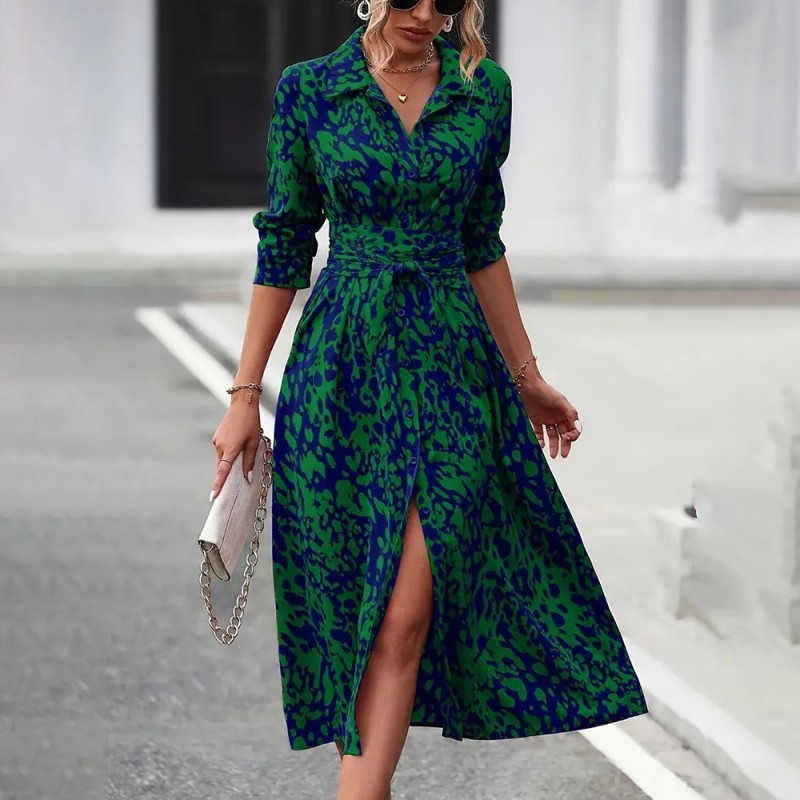 Women's Leopard Print Belted Dress - V-Neck Button Detail Slit Maxi Dress for Spring/Fall