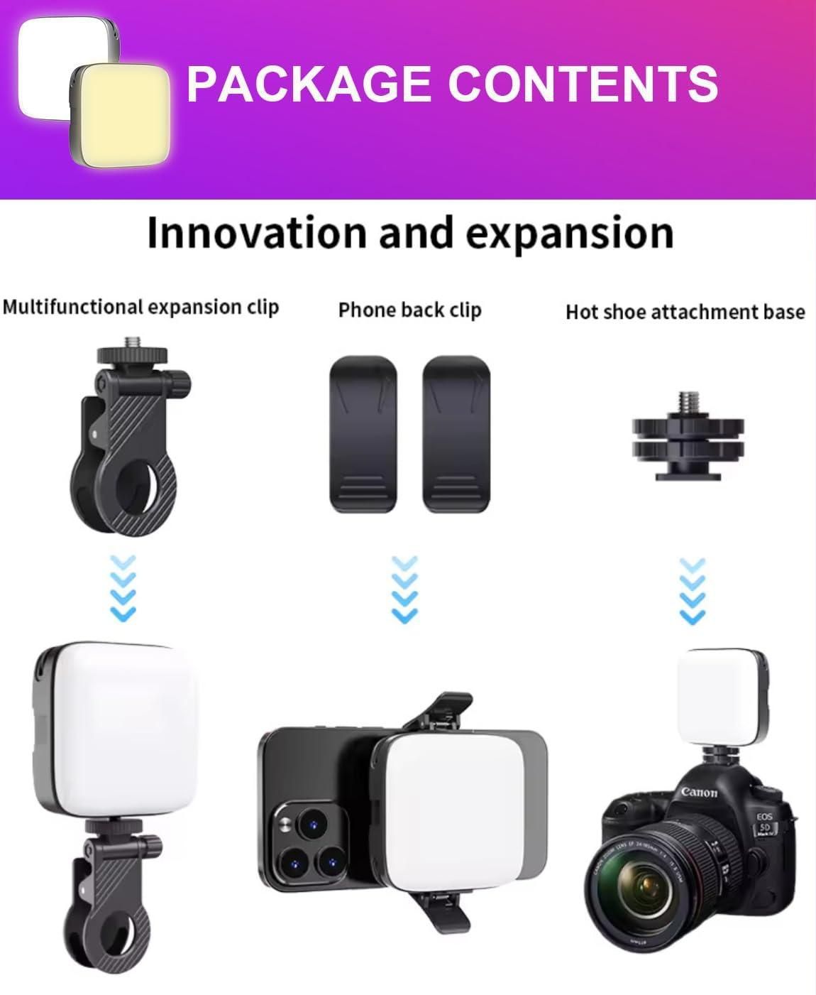 LED Video Light with Phone Holder Clip – Adjustable Brightness &amp; Color Temperature | Portable Lighting for Tripod, Selfie Stick, Live Streaming &amp; Video Recording