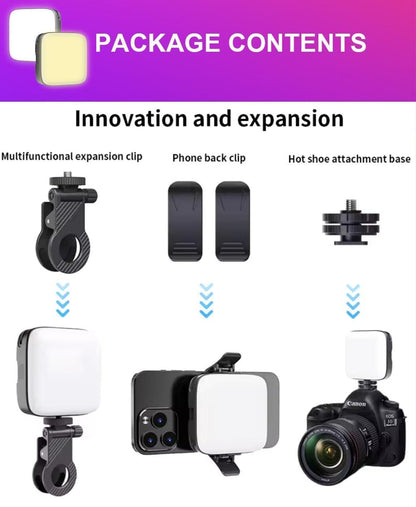 LED Video Light with Phone Holder Clip – Adjustable Brightness &amp; Color Temperature | Portable Lighting for Tripod, Selfie Stick, Live Streaming &amp; Video Recording