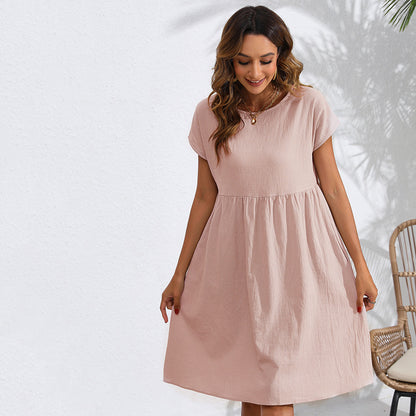 OL Temperament Cotton Linen Round-neck A-line Skirt Pocket Dress