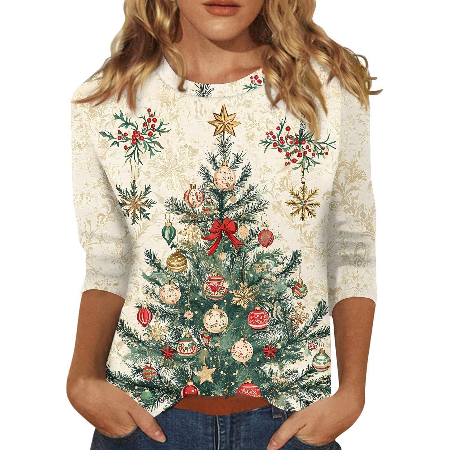 Women's Christmas T-Shirt – Festive 3/4 Sleeve Round Neck Holiday Top