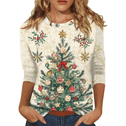 Women's Christmas T-Shirt – Festive 3/4 Sleeve Round Neck Holiday Top