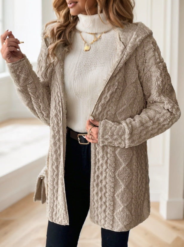 Women Solid Color Long Sleeve Hooded Textured Fleece Jacket For Winter