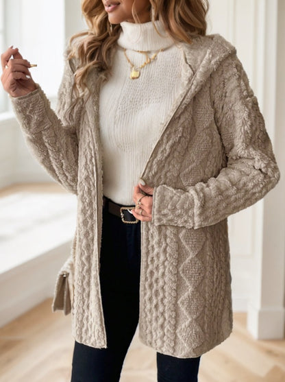 Women Solid Color Long Sleeve Hooded Textured Fleece Jacket For Winter