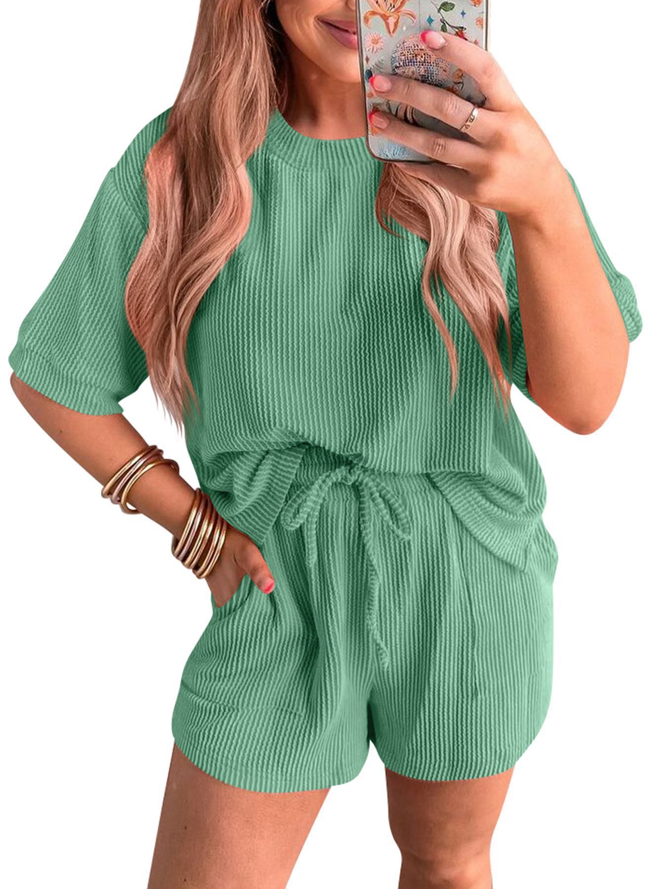 Short-sleeved Wavy Round Neck Top Elastic Waist Shorts Two-piece Set