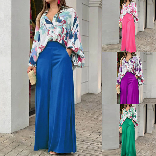 Women's Casual Printed Shirt & Wide Leg Pants Set – Loose Fit Elegant 2-Piece Fashion Outfit