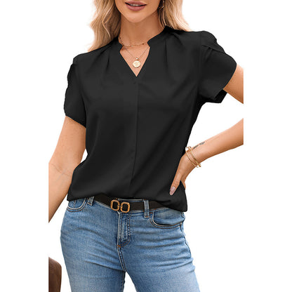 Women's Solid Color V-Neck Chiffon Blouse – Dressy Pullover Top
