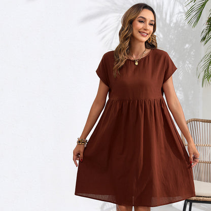 OL Temperament Cotton Linen Round-neck A-line Skirt Pocket Dress