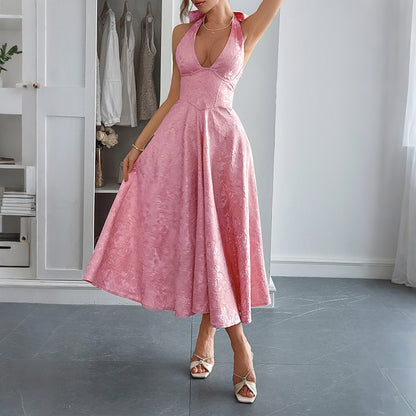 Women's Elegant Halter Evening Dress – Waist-Defined Formal Gown (European & American Style)